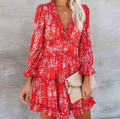 Flower Open Back Dress Red