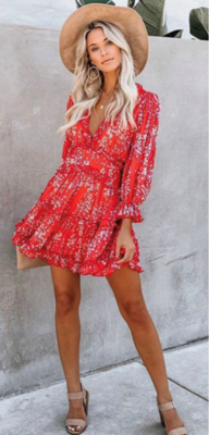 Flower Open Back Dress Red