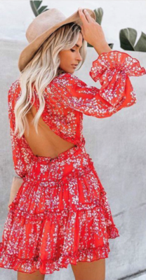 Flower Open Back Dress Red