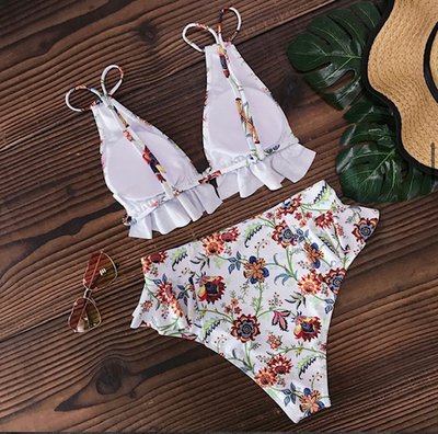 Multi Print Ruffle Bikini White