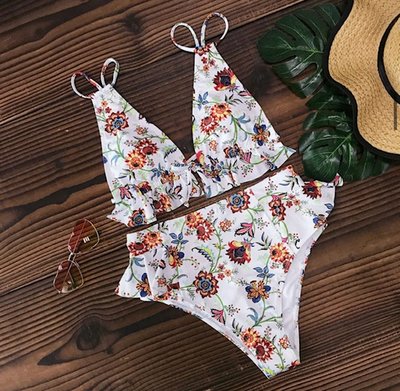 Multi Print Ruffle Bikini White