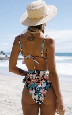 Flower Ruffle Bikini Black