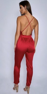 Satin Open Back Jumpsuit Red