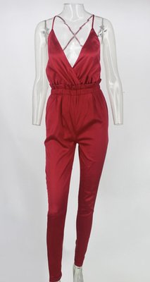 Satin Open Back Jumpsuit Red