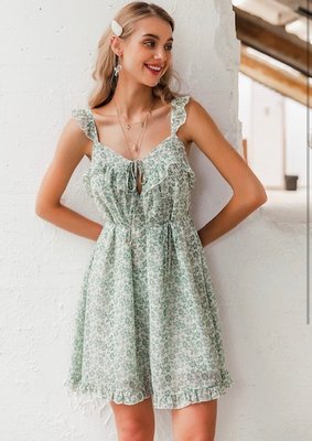 Flower Ruffle Dress Green