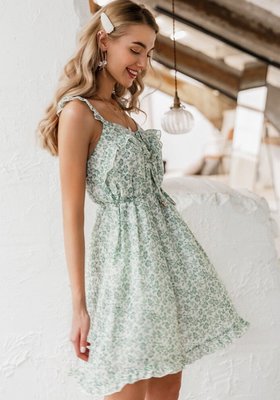 Flower Ruffle Dress Green
