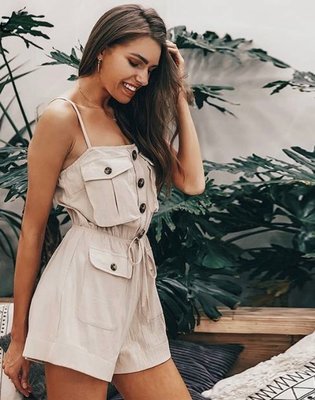 NHS Button Jumpsuit Beige