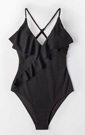 Ruffle Bathing Suit Black